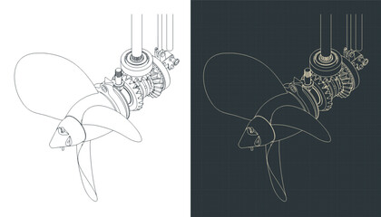 Outboard motor gearbox isometric blueprints