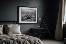 White Pillow On Gray Floor Next To Black Frame With Picture On Wall And Another Black Frame. Generative AI