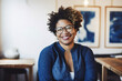 © Trinette Reed - Portrait of mature confident curvy Black small business woman owner at work in her art studio. Generative AI.