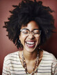 © TRINETTE + CHRIS - Portrait of young stylish black woman laughing wearing glasses. Generative AI.