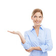 © Khushboo/peopleimages.com - Happy, thinking and business woman with palm for showing, presentation, solution or choice. Professional female advertising product, logo or brand idea in hand isolated on transparent, png background