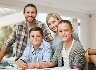 Poster - Succeeding as a team. Shot of a young family doing homework together at home.