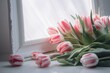 Floral arrangement with pink tulips & white frame on light background. Generative AI