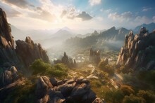 Stunning Fantasy Vista With Rocky Promontory And Distant Peaks. Generative AI