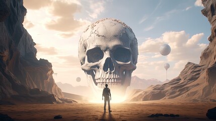 Wall Mural - man enter mysterious land with giant skull, digital art illustration, Generative AI