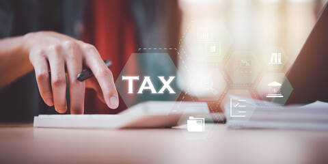Aufkleber - effective tax deduction planning for individuals and companies paying tax rates ,Annual tax deduction planning concept ,Calculate business balance to reduce taxes ,Individual income tax