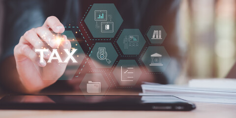 Aufkleber - effective tax deduction planning for individuals and companies paying tax rates ,Annual tax deduction planning concept ,Calculate business balance to reduce taxes ,Individual income tax