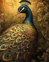 Wall Mural - Blue, gold, and green peacock. Ornate detailed luxury winged bird. Golden oil painting.