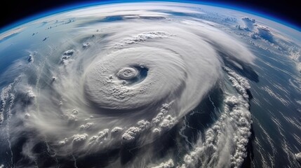 Aerial view of hurricane from space. Weather cloud formation on earth from the moon.