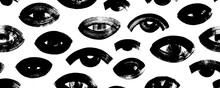 Seamless Pattern With Bold Eyes. Brush Drawn Vector Eyes Banner. Rough And Dry Texture. Grunge Style Seamless Black And White Banner. Rough Thick Strokes. Sketch Texture.