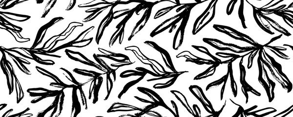 Seamless rosemary branches pattern. Brush drawn botanical wallpaper. Abstract outlined leaves and branches of rosemary. Various foliage silhouettes, vector monochrome botanical ornament.