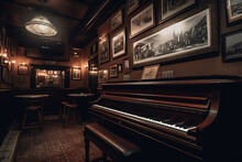 A Bar With A Piano, Chairs, And Old Clocks, Picture Frames Surround, Retro English Pub, Jazz Bar, Generative Ai