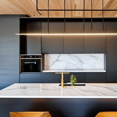 Wall Mural - A minimalist kitchen with open shelving and marble countertops4, Generative AI