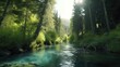 © Artcuboy - serene river flows into picturesque lake, digital art illustration, Generative AI