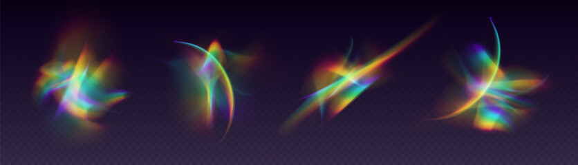 Crystal refraction overlay, leak flare, rainbow sunlight effect, holographic reflections isolated on a black background. Blurred optical rays, vintage camera glares. Vector illustration.