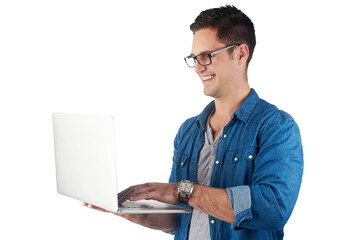 Happy, smile and laptop with man on png background for creative, internet or connection. Web design, technology and online with male freelancer isolated on transparent for website, blogger or search
