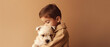 little boy with adorable puppy dog hugging beige background , Generative AI	
