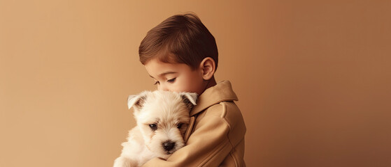 little boy with adorable puppy dog hugging beige background , generative ai