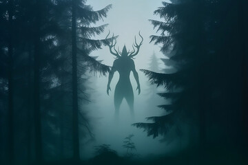 silhouette of giant scary monster in foggy forest