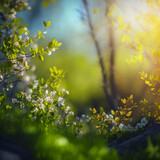 Fototapeta Natura - Beautiful blurred spring background nature with blooming glade, trees and blue sky on a sunny day