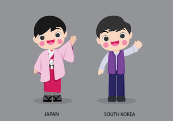 Wall Mural - Japan peopel in national dress. Set of South Korea man dressed in national clothes. Vector flat illustration.