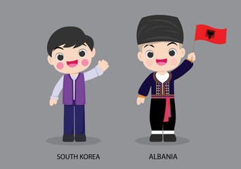 Wall Mural - South Korea peopel in national dress. Set of Albania man dressed in national clothes. Vector flat illustration.