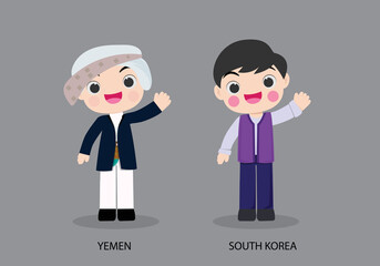 Wall Mural - Yemen peopel in national dress. Set of South Korea man dressed in national clothes. Vector flat illustration.
