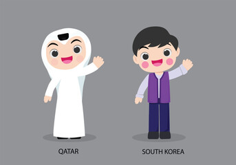 Wall Mural - Qatar peopel in national dress. Set of South Korea man dressed in national clothes. Vector flat illustration
