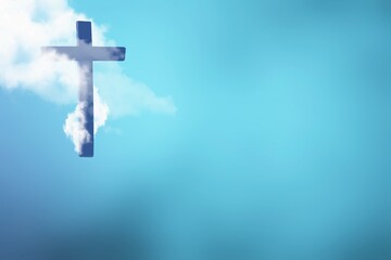 Poster - Ascension day. Christian cross in blue clouds