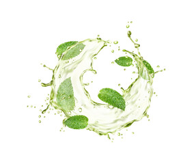 Green herbal tea splash and drops with mint leaves, vector fresh drink and herb beverage. Realistic water swirl flavored with peppermint plant leaves. Matcha or iced green tea round flow or wave