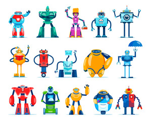 Poster - Cartoon robot characters, androids and robotic cyborg machines, vector kids toys. Funny robots, droids and transformers, cheerful cute space bots and alien cyborg monsters on wheels