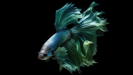 Beautiful siamese betta fish, fighting siamese fish with green blue red orange gold black colours , underwater photography isolated on black background, Generative AI