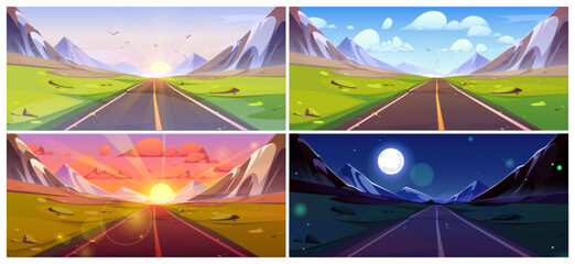 Wall Mural - Mountain road view landscape cartoon landscape set. Vector background illustration collection with highway horizon on summer in morning, day, sunset and night. Straight freeway for adventure game