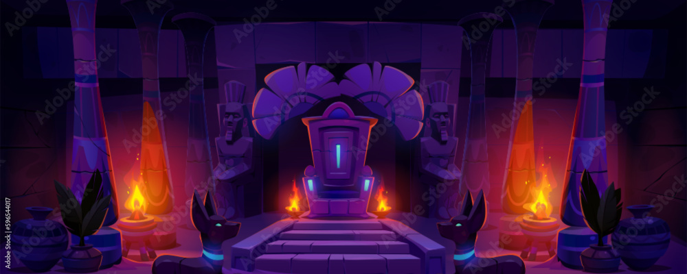 Ancient Egyptian palace or temple with throne, god and pharaoh statues ...