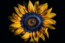 A Sunflower Painting With A Blue And Yellow Center And A Spiral Design. Generative AI