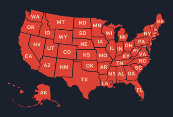 United States of America map. Red USA outline map on isolated background. Vector.