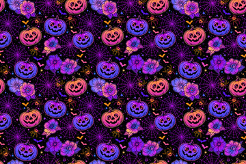 Canvas Print - Seamless pattern of bright halloween pumpkins