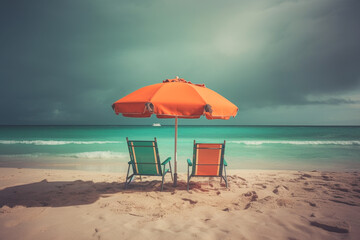 Wall Mural - Two beach chairs and umbrella on the  tropical beach with sea and sky background, vintage color tone