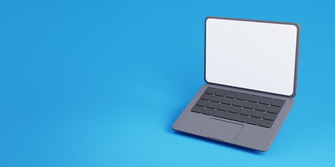 Wall Mural - 3d laptop with empty white screen on blue background with free space for text. float or levitate lap