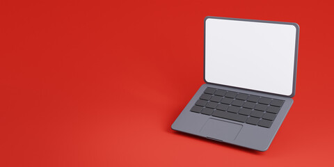 Wall Mural - 3d laptop with empty white screen on red background with free space for text. float or levitate lapt