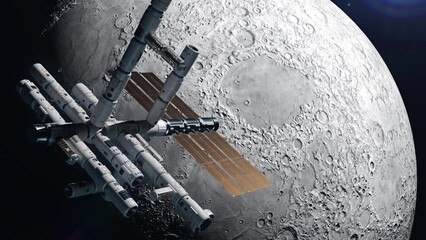 Wall Mural - a space station orbiting the moon. the concept of studying the planets and satellites of the solar s
