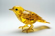 a transparent yellow plastic clockwork bird toy isolated on white background, made with generative ai