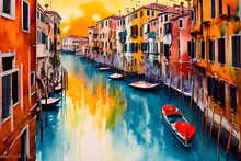 Artificial Intelligence Generated Watercolor Expressionistic Painting Image Of The City Of Venice Captured In The Golden Hour With The Essence Of Gondolas And Historic Buildings.