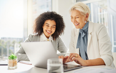 Poster - Office laptop, happy diversity people and mentor training onboarding woman on company system, software or work. Collaboration, team and senior business person working, teaching and coaching trainee