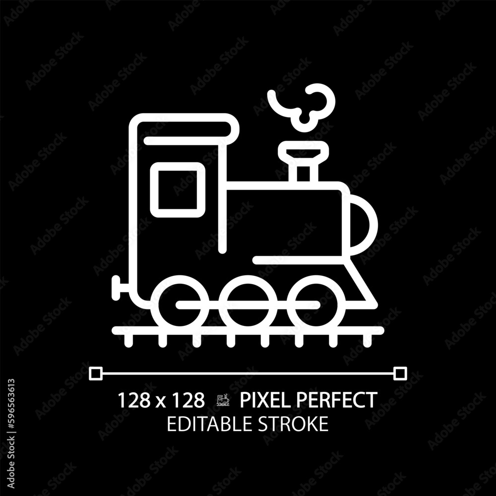 Steam locomotive pixel perfect white linear icon for dark theme. Retro ...