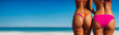 © uladzimirzuyeu - Two sexy girls in bikinis on the beach banner background. Sea, relax, style concept. Created with generative Ai technology.