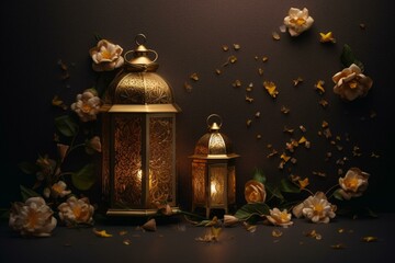 Wall Mural - Islamic greeting template with Ramadan and flowers in golden color. Perfect for wallpaper design and background. Generative AI