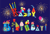 Fototapeta  - birthday composition with colorful lettering and fireworks