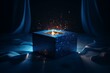 Blue gift box with magical glow opening up to reveal a realistic design. Generative AI