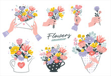 Collection Of Various Beautiful Bouquets With Garden And Wild Flowers. Vector Illustration Ideal For Mother's Day, Valentine's Day, Decoration, Greeting Card, Poster Postcard, Printing And Wedding.